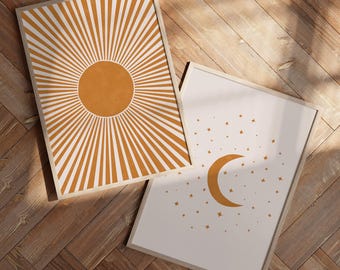 Sun and Moon Print Set of 2 | Mid Century Sun and Moon Boho Posters | Orange Sun, Moon and Stars | Wall Art Decor | Nursery wall art