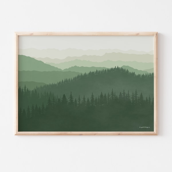 Horizontal Great Smoky Mountains Poster in Evergreens, Emerald and Sage Green Art Poster, North Carolina Tennessee National Park Print