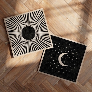 Black and Beige Sun Moon and Stars Poster Set | Square Art Set of 2 Prints | Mid Century Set of 2 Posters with Stars