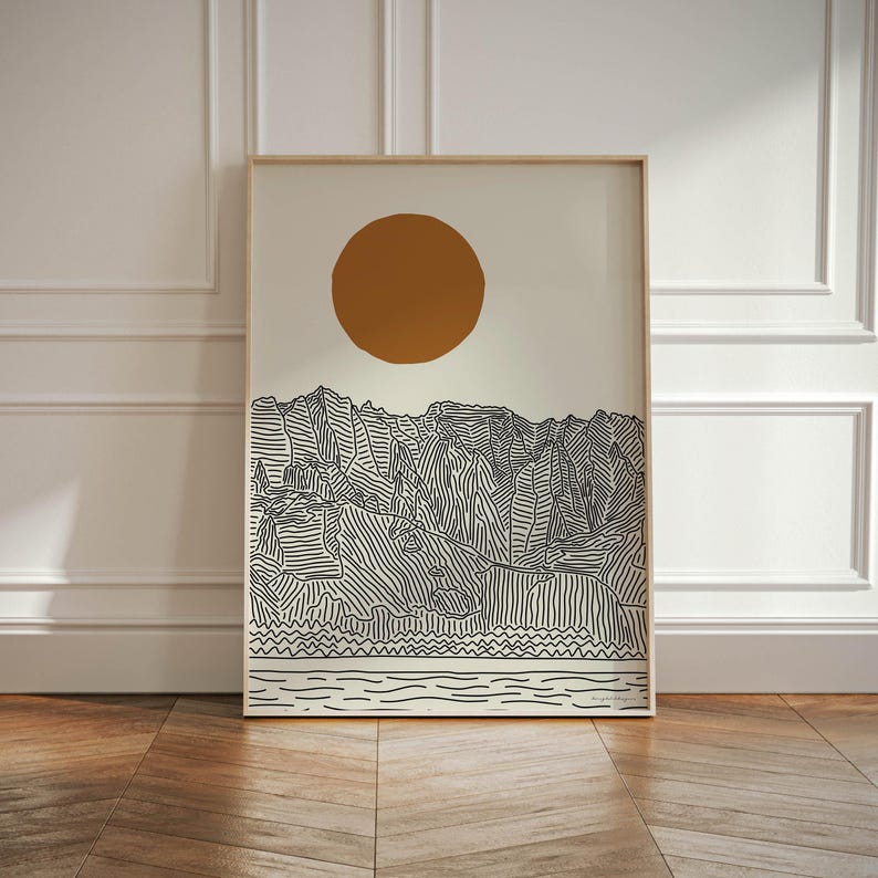 Beach and tropical poster of Kauai Hawaii in line art style with a bright orange sun.