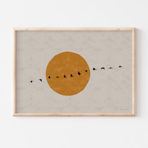Poster artistico giapponese orizzontale, stampa artistica giapponese con stormo di uccelli e sole, decorazione minimalista Japandi con uccelli, stampa artistica