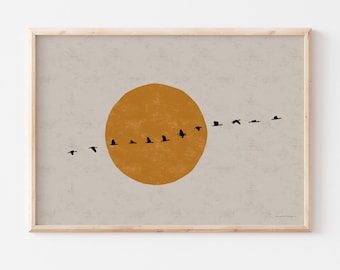 Horizontal Japanese Wall Art Poster, Flock of Birds Japanese Sun Art Print, Birds Minimalistic Japandi Decor, Art Print