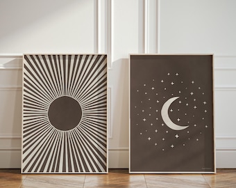 2-Piece Bohemian Poster Set – Sun & Moon Wall Art in Neutral Warm Brown, Boho Diptych for Nursery or Bedroom