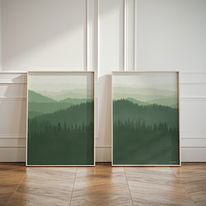 Serenità del Parco Nazionale Great Smoky Mountain in Evergreens, Set di 2 stampe Boho, Set di poster di dittico
