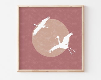 Japanese Crane Birds Sun Silhouette | Square Size 5x5 8x8 10x10 12x12 etc. art print | Japandi Living Room Decor | Digital Download