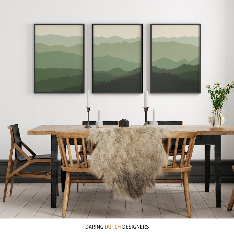Modern home decor with set of 3 posters of the Appalachian Mountains in sage green / evergreens colors.