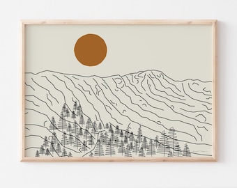 Mount Mansfield Vermont Line Art Poster | Simple Abstract Scenery Wall Art | Sunset Mountains Trees