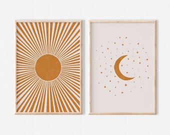 Sun and Moon Print Set of 2 | Mid Century Sun and Moon Boho Print Set | Orange Sun, Moon and Stars | Wall Art Decor | Nursery wall art