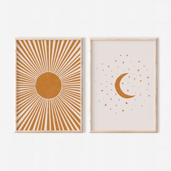 Sonne und Mond Druck 2er-Set | Mid Century Sonne und Mond Boho Print Set | Orange Sonne, Mond und Sterne | Wand-Kunst-Dekor | Kinderzimmer-Wandkunst