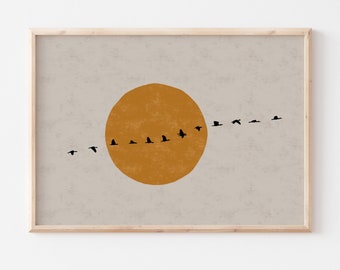 Horizontal Japanese Printable Wall Art, Flock of Birds Japanese Sun Art Print, Birds Painting Minimalistic Japandi Decor, Digital Download