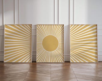 Yellow Sunshine Poster Set of 3, Boho and Bohemian Triptych Wall Art, 3-Piece Sun Summer Posters