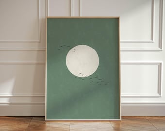 Green Flock of Birds Poster with Full Moon – Japandi Wall Art Print, Minimalist Home Decor, XXL Sizes Available such as 24x36 28x40 70x100cm