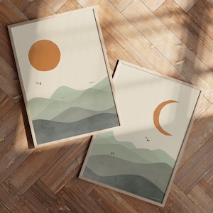 Conjunto de 2 impressões de paisagem de sol e lua verde-sálvia | Arte de parede moderna de meados do século | Pôsteres de decoração moderna com natureza abstrata