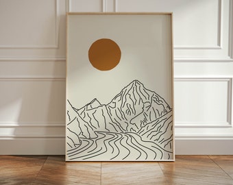 K2 Mountain Line Art Poster - Neutral Beige Karakoram Wall Art | Minimalist Mountaineering Decor | Himalaya Climbing Gift | Mountains Art