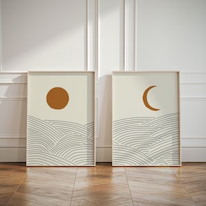 Japandi Sun and Moon Wall Art | Set of 2 Art Prints | Simple Line Art Mountains Poster Diptych | Japanese Style Poster Set of 2