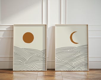 Japandi Sun and Moon Wall Art | Set of 2 Art Prints | Simple Line Art Mountains Poster Diptych | Japanese Style Poster Set of 2
