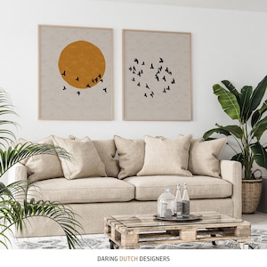 Continiuous grey poster set with sun and flock of birds