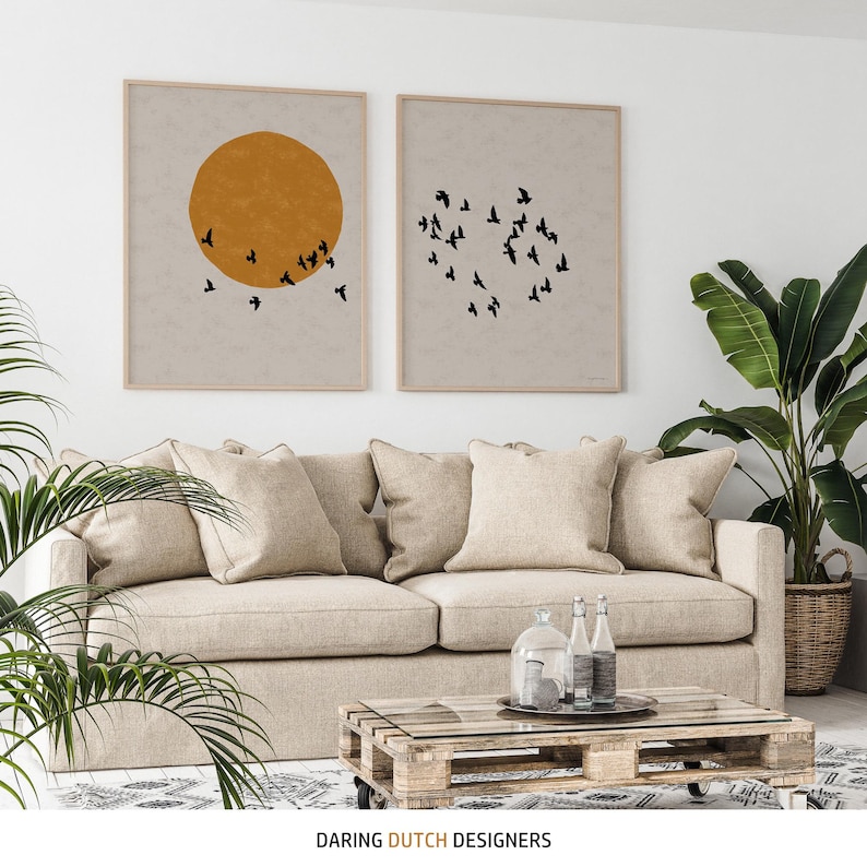 Continiuous grey poster set with sun and flock of birds
