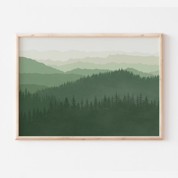 Impression d'art de parc national des Smoky Mountains | Oeuvre d'art rectangulaire | Émeraude et vert sauge imprimable