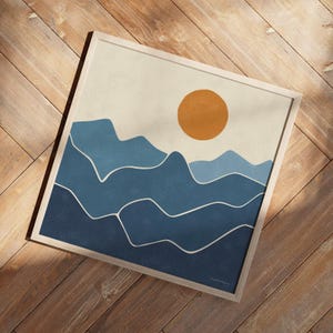Boho Style Navy Blue Ombre Mountains Sun Poster | Square Size Art Print for 24x24 20x20 16x16 12x12 10x10 | Framing Option Available