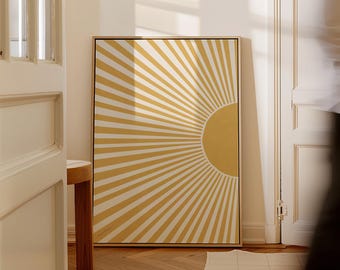 Happy Yellow Sun Canvas Artwork, Colorful Sunshine Wall Art, for Boho Mid-Century Modern  or Eclectic Home Decor