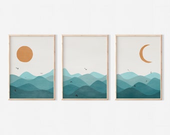 Teal Print Set of 3 | Teal Sun Moon Landscape | Minimalist Art Set | Blue Green Wall Art | Digital Download