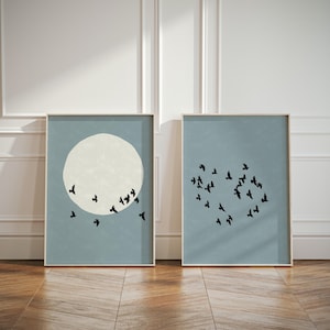 Japandi Diptych Wall Art – Flock of Birds Full Moon 2-Piece Minimalist Prints, Blue Background Japan-Inspired Posters, Nordic Scandi Decor
