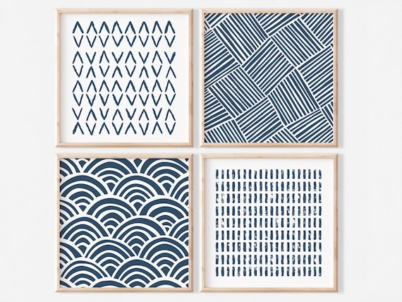 Minimalist Wall Art Set of 4 Japandi Blue Wall Art Set of Four