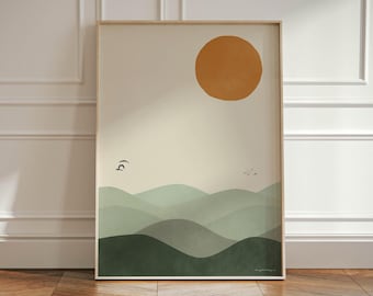 Salviagrön boho bergslandskapposter med fåglar och sol | Ombre bergstryck i bohemisk stil