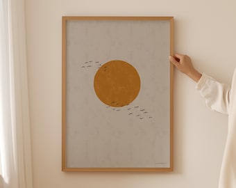 Flock of Birds Japanese Orange Sun Poster with Concrete Gray Background, Japandi Scandi Wall Art, Minimalistic Home Decor Art Print