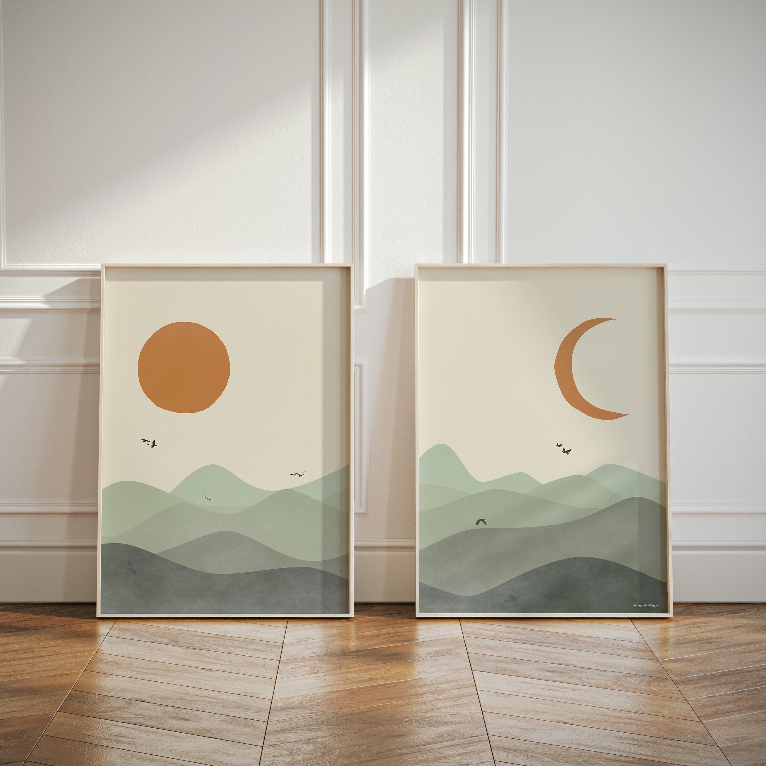 Sage Green Nursery Wall Art Set of 2 Posters, Mid Century Modern Sun and Moon 2 Piece Prints, Sage Green Home Decor