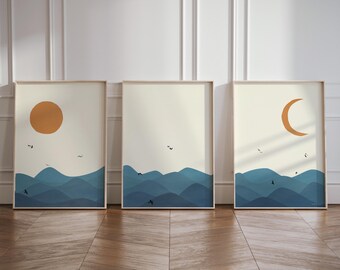 Ocean Waves Set of 3 Posters, 3-Piece Boho Style Wall Art, Sun Moon Birds Bohemian Triptych Wall Art