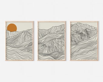 Japanese Alps Set of 3 Art Prints, Japandi Triptych Line Art, Beige Mt Tate Tateyama Art Prints, Japan Home Decor