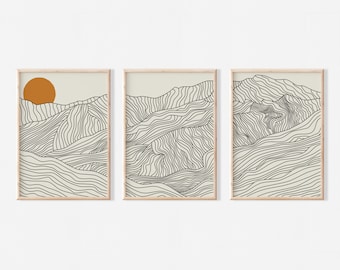 Japanese Alps Set of 3 Art Prints, Japandi Triptych Line Art, Beige Mt Tate Tateyama Art Prints, Japan Home Decor