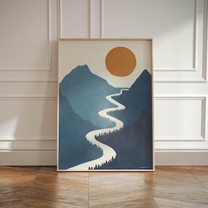 Blue Yellow Contemporary Landscape | Mountains Art Print | Navy Blue Panorama Poster with Sun Mountains and River