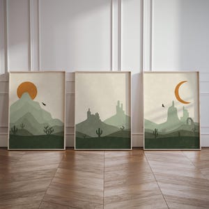 Desert Dreams 3-teiliges Poster Set | Sage Green Western Wüsten Dekor Inspiriert von Utah & Arizona mit Kaktus, Sonne, Halbmond | 3er Set