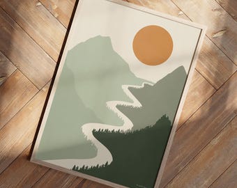 Abstract Sage Green Landscape Wall Art | Boho Mountains Sun River Print | Scenery Poster