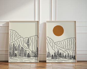 Yosemite Falls Set of 2 Posters, Yosemite National Park Diptych, 2-Piece California Waterfall Wall Art, Minimalistic Line Art Drawing