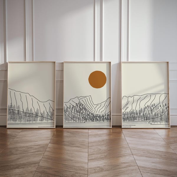 Rocky Mountains Poster Set of 3 – National Park Wall Decor, Colorado Rockies Line Art Triptych, North American Cordillera Home Decor