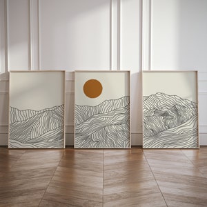 Alpes Japoneses | Japandi Sun Conjunto de 3 Estampas | Arte de Linha Abstrata | Desenho de Arte de Linha