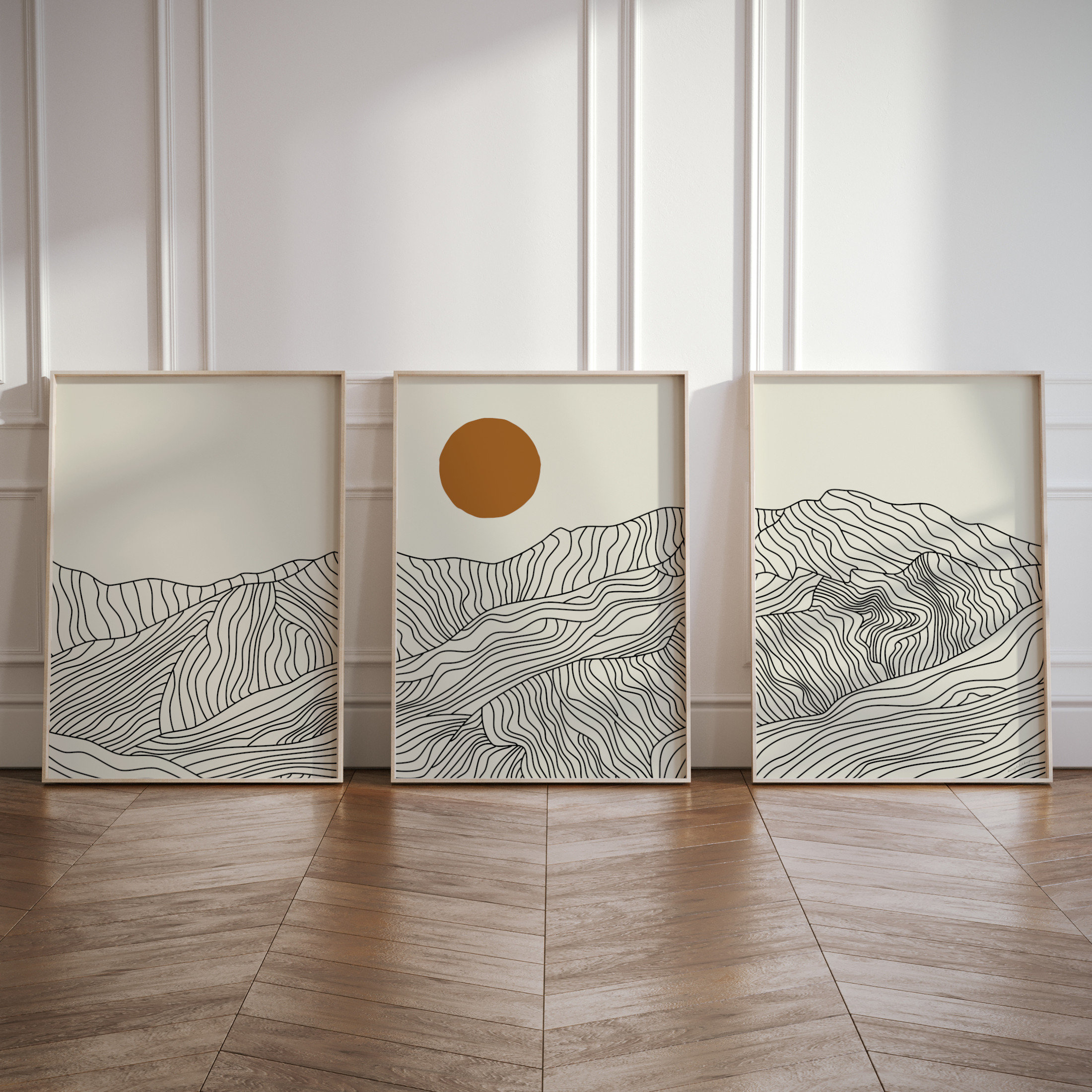 Japanese Alps | Japandi Sun Set of 3 Prints | Abstract Line Art | Line Art Drawing