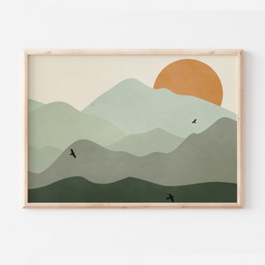 Arte de pared imprimible de paisaje abstracto / Impresión de sol boho / Arte de montañas de pájaros verdes salvia / Póster de paisaje / Descarga digital