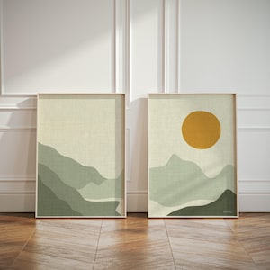 Sage Green Home Decor Set of 2 Art Prints, Linen Look Landscape Diptych Wall Art, Large Posters for Bedroom, Living Room and Nursery