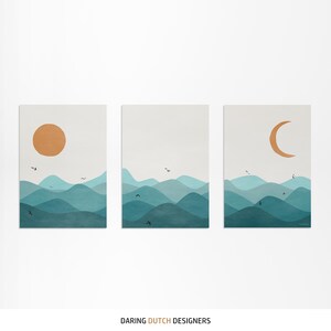 Teal Print Set of 3 | Turquoise Sun Moon Landscape | Minimalist Triptych Art Set | Blue Green Wall Art | Mid-Century Modern Poster Set image 3