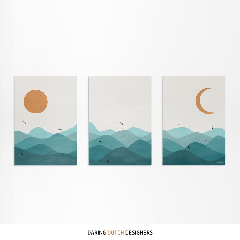 Teal Print Set of 3 | Turquoise Sun Moon Landscape | Minimalist Triptych Art Set | Blue Green Wall Art | Mid-Century Modern Poster Set image 3