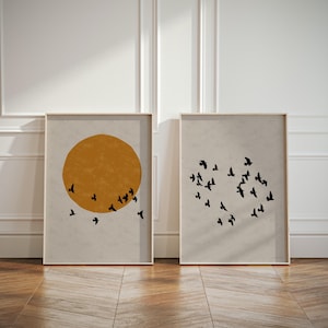 Set di 2 stampe artistiche Japandi con stormo di uccelli all'alba, arte murale astratta giapponese, decorazione per la casa, poster continui in cemento grigio