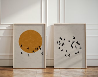 Japandi Set of 2 Art Prints with Flock of Birds Sunrise, Abstract Wall Art Japanese Home Decor, Continuous Concrete Gray Posters