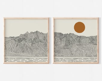 Kauai Hawaii Wall Art | Nā Pali Coast Set of 2 Square Prints | Landscape Line Art | Coastal Poster Set