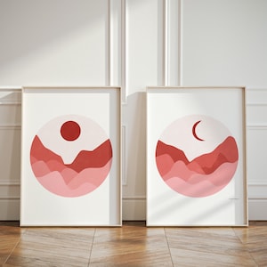 Juego de 2 pósteres rosas para habitación infantil o infantil, disponibles hasta XXL 24x36 A1 61 x 91 cm, arte de pared bohemio con paisaje de montaña y sol y luna.