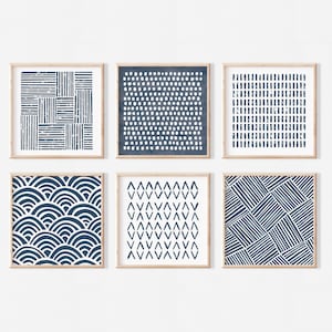 Abstract Boho Navy Blue Gallery Wall | Set of 6 Square Blue Art Prints | Digital Download